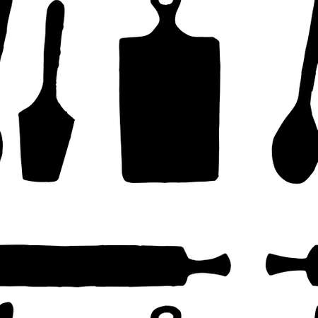 Seamless pattern black silhouette of simple flat kitchenware wooden icons vector illustration on white background.のイラスト素材