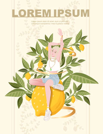 Cute woman sit on big abstract lemon citrus yellow fruit whole with green leaves flat vector illustration on beige background cartoon character design.のイラスト素材