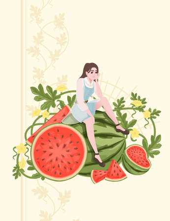 Cute woman sit on big abstract watermelon whole with green leaves flat vector illustration on beige background cartoon character designのイラスト素材