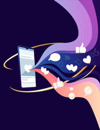 Black smartphone with abstract color wave and hearts likes thumbs up social media platform flat vector illustration on blue background.のイラスト素材