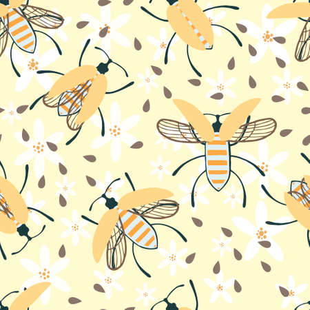 Seamless pattern of cartoon simple beetle collection colored insects flat vector illustration on...