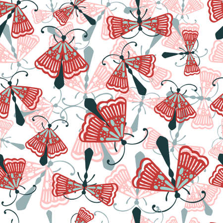Seamless pattern of cartoon simple beetle collection colored insects flat vector illustration on white background.のイラスト素材