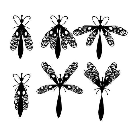 Set of simple flat dragonfly with different wings collection insects flat vector illustration isolated on white background.のイラスト素材