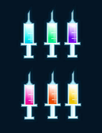 Set of medical plastic syringe with medicine or vaccine colorful liquid flat vector illustration on dark background.のイラスト素材