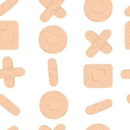 Seamless pattern with medical plasters patch with different shapes flat vector illustration on white background.のイラスト素材