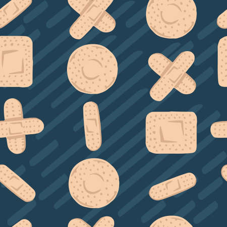 Seamless pattern with medical plasters patch with different shapes flat vector illustration on striped blue background.のイラスト素材