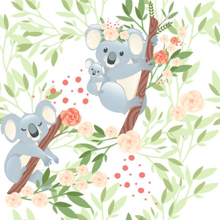 Seamless pattern cute gray female koala mother with small children flat vector illustration on white background with flowers.のイラスト素材