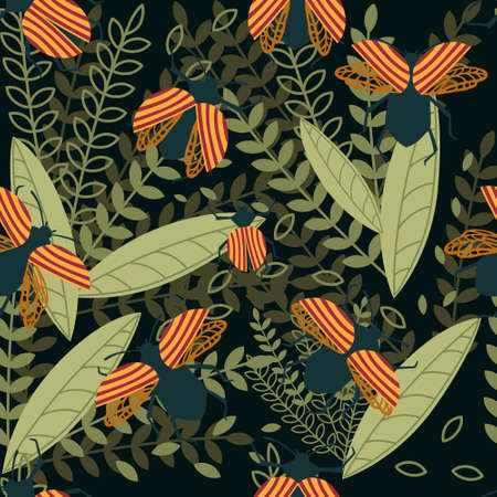 Seamless pattern of cartoon simple beetle collection colored insects flat vector illustration on...