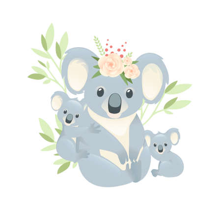 Cute koala family mother with children sit on the ground cartoon animal design flat vector illustration isolated on white background.のイラスト素材