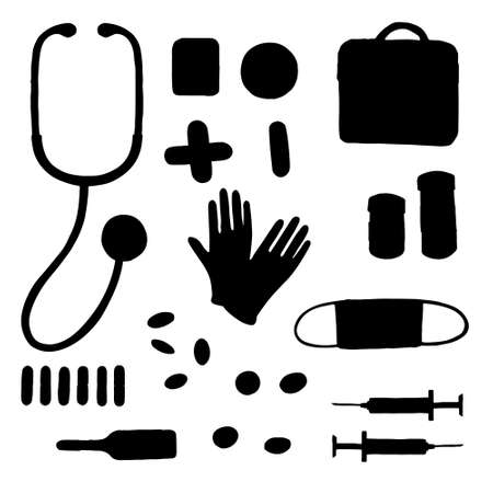 Black silhouette big set with simple style medical tools flat vector illustration isolated on white background.のイラスト素材