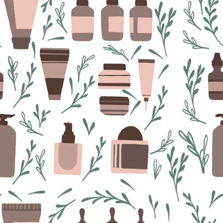 Seamless pattern with natural organic cosmetics in plastic packages flat vector illustration on white background with green leaves.のイラスト素材
