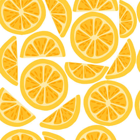 Seamless pattern of lemon citrus yellow fruit halved and sliced flat vector illustration on white background.のイラスト素材