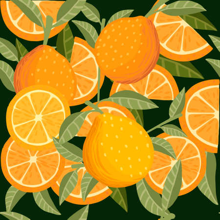 Seamless pattern of orange citrus fruit whole halved and sliced with green leaves flat vector illustration on green background.のイラスト素材