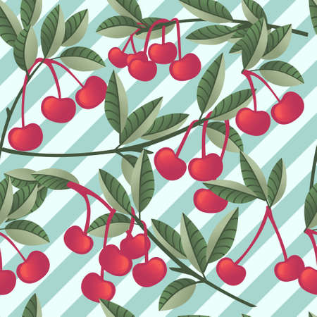 Seamless pattern of red cherry berry on tree branches with green leaves flat vector illustration on blue striped background.のイラスト素材