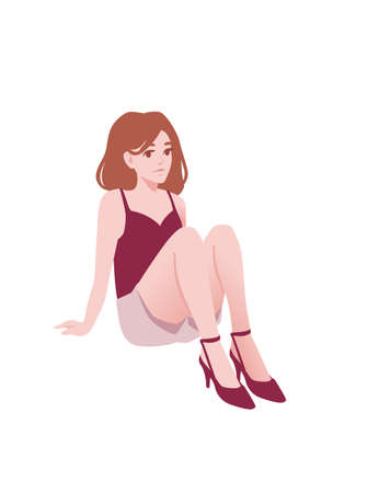 Cute young girl in sitting pose wearing casual clothes cartoon character fashion female model design flat vector illustration isolated on white background.のイラスト素材