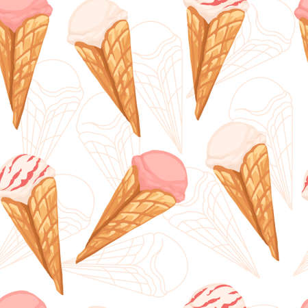 Seamless pattern of ice cream flavors in waffle cones with different color flat vector illustration on white background.のイラスト素材