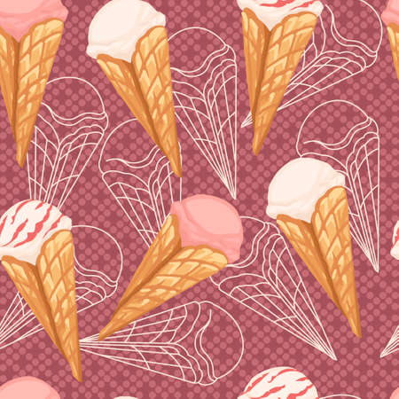 Seamless pattern of ice cream flavors in waffle cones with different color flat vector illustration on pink dotted background.のイラスト素材