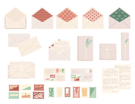 Big set of postal stamps with postage envelope and paper packages flat vector illustration isolated on white background.のイラスト素材