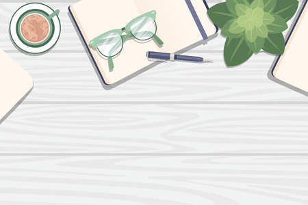 Flat workplace organization top view with wooden texture table notepad cup flower pot eyeglasses and...