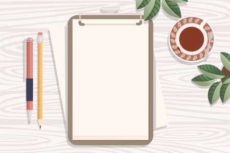 Flat workplace organization top view with wooden texture table notepad cup flower pot pin and pen...