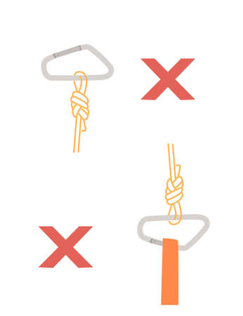 Simple tips how to use metal carabiner in tourism wrong use flat vector illustration isolated on white backgroundのイラスト素材