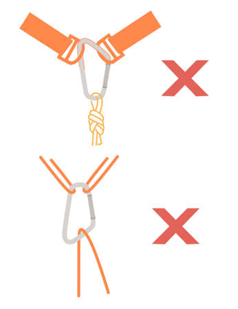 Simple tips how to use metal carabiner in tourism wrong use flat vector illustration isolated on white backgroundのイラスト素材