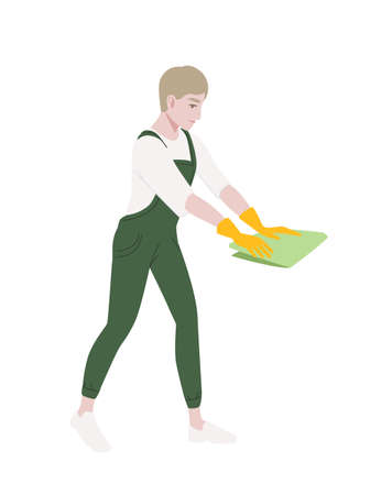 Professional cleaner man wearing green uniform use yellow rubber gloves and green rag cleaning process cartoon character design flat vector illustration isolated on white backgroundのイラスト素材