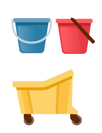 Set of plastic buckets for cleaning housework equipment flat vector illustration isolated on white background.のイラスト素材