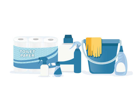 Collection of household items for cleaning and housekeeping flat vector illustration on white...