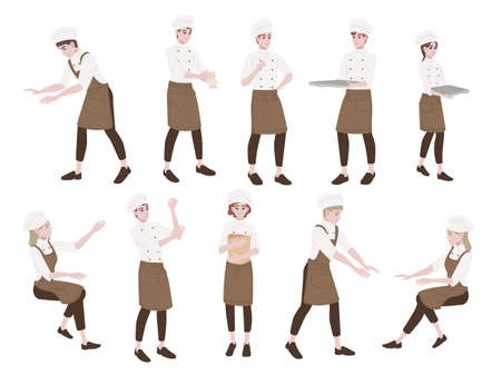 Set of male and female chef cook professional bakery cartoon character design flat vector illustration isolated on white backgroundのイラスト素材