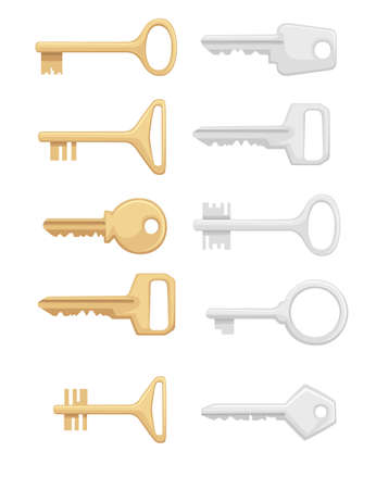 Set of golden and silver keys for closing and opening door chest and others flat vector illustration isolated on white background.のイラスト素材