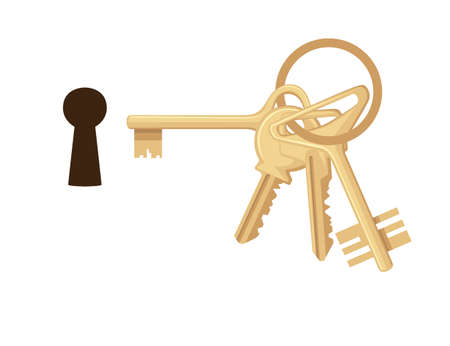 Keyhole with bunch of golden keys flat vector illustration on white background.