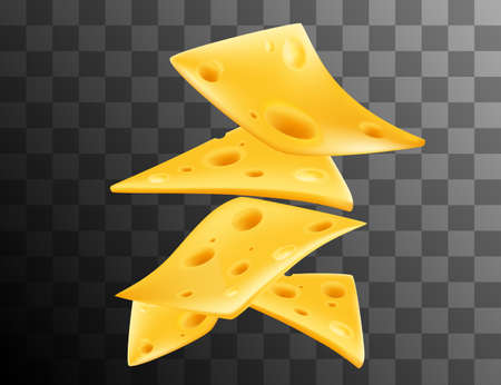 Pieces of cheese in the air realism style vector illustration on transparent background.のイラスト素材