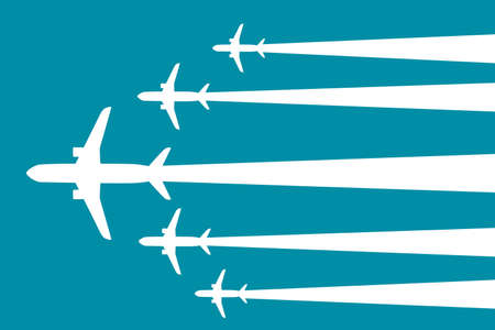 Top view of flying white silhouettes big white passenger airplanes flat vector illustration.
