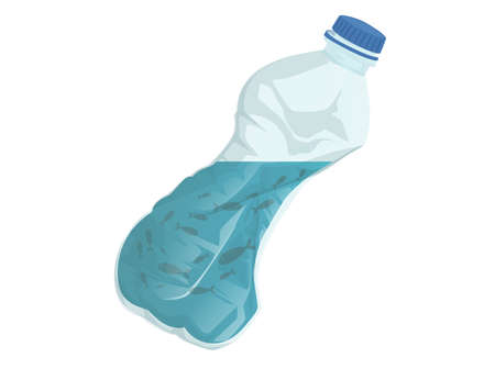 Crumpled plastic bottle with abstract water and fishes ecological disaster plastic problem flat vector illustration on white backgroundのイラスト素材