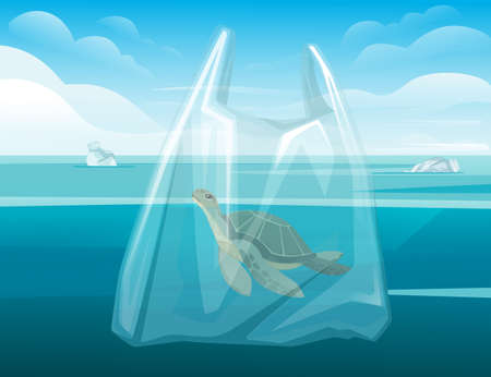 Turtle in plastic bag abstract illustration pollution problem flat vector illustration ocean and sky...