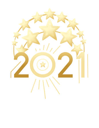 2021 New Year banner with script text and golden decorative stars design template for poster or greetings card flat vector illustration on white backgroundのイラスト素材