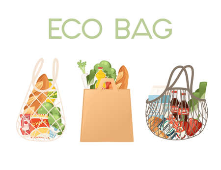 ECO BAG set with different type of bags for shopping bags filled with groceries from the store flat vector illustration on white backgroundのイラスト素材