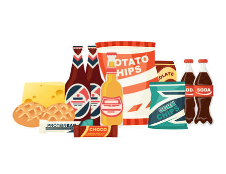Soda beer potato chips and chocolate bar snack product set flat vector illustration on white...