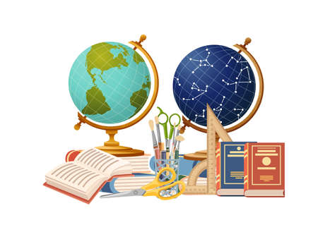 Backpack casual design and school supplies stationery flat vector illustration on white background poster for back to schoolのイラスト素材