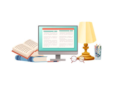 Items for desk workplace concept for home workstation with monitor desk lamp and books vector illustration on white backgroundのイラスト素材