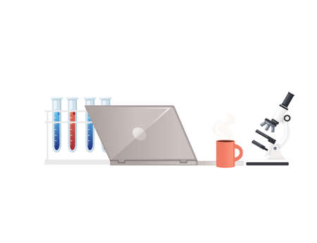Items for desk workplace concept for home workstation with laptop microscope and test tubes vector illustration on white backgroundのイラスト素材