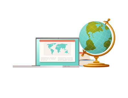 Items for desk workplace concept for home workstation with laptop and earth globe vector illustration on white backgroundのイラスト素材