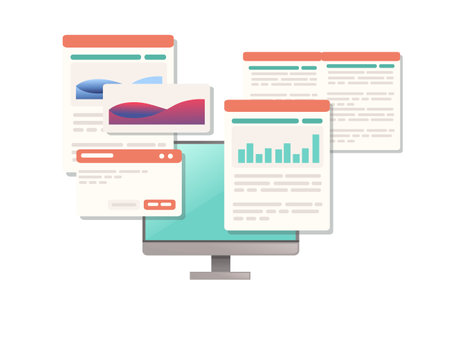 Computer monitor with opened abstract windows infographic statistics and business analytics vector illustration on white backgroundのイラスト素材