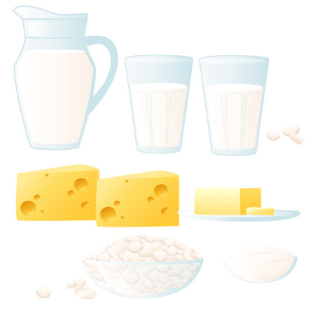 Set of dairy products cheese milk and cottage cheese vector illustration on white backgroundのイラスト素材