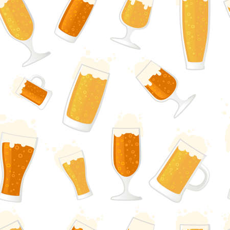 Seamless pattern of beer in glass mug different types of mugs and beers vector illustration on white backgroundのイラスト素材