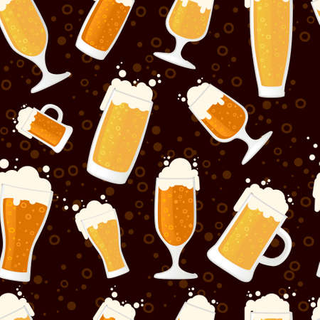 Seamless pattern of beer in glass mug different types of mugs and beers vector illustration on brown backgroundのイラスト素材