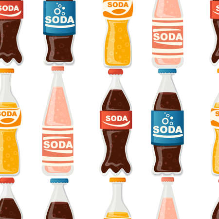 Soda bottles seamless pattern with label glass bottles with different types of soda non alcohol drink vector illustration on white backgroundのイラスト素材