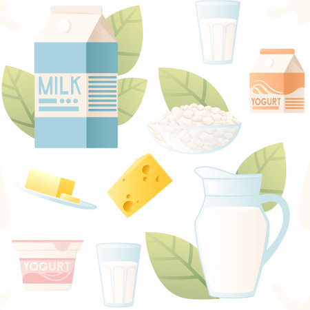 Seamless pattern of dairy products cheese milk and yogurt vector illustration on white backgroundのイラスト素材