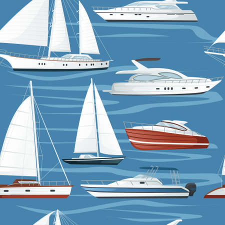 Seamless pattern of modern motor yacht boat with sails and motors vector illustration on blue backgroundのイラスト素材